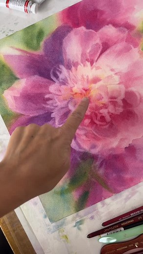 Katrina Pete on Instagram: "I used a combination of techniques in this painting, including the saturated wet technique, where I applied nearly saturated paint (very little to no water) onto damp paper. It creates soft edges and atmosphere. I don’t trace the flowers ahead of time when using this method because I want to respond to the watercolor paint rather than try to control every aspect of it. I ‘carve’ out highlights, petals and soft edges while the paper is still damp. It works best with pa