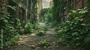 A city street covered in graffiti with abandoned buildings and overgrown plants, An abandoned city street with overgrown plants reclaiming the concrete