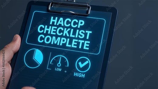 HACCP checklist complete concept on digital clipboard showing progress and approval icons symbolizing food safety quality control with high status pie chart in professional environment