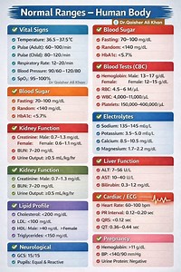 Normal Ranges – Human Body Understanding the normal ranges of our vital signs and lab values helps in early detection of diseases and maintaining good health. This chart shows the standard reference values for: 🔹 Vital Signs — temperature, pulse, blood pressure, SpO₂ 🔹 Blood Sugar Levels — fasting, random, HbA1c 🔹 CBC (Blood Tests) — hemoglobin, RBC, WBC, platelets 🔹 Electrolytes — sodium, potassium, calcium, magnesium 🔹 Kidney Function — creatinine, BUN, urine output 🔹 Liver Function — AL