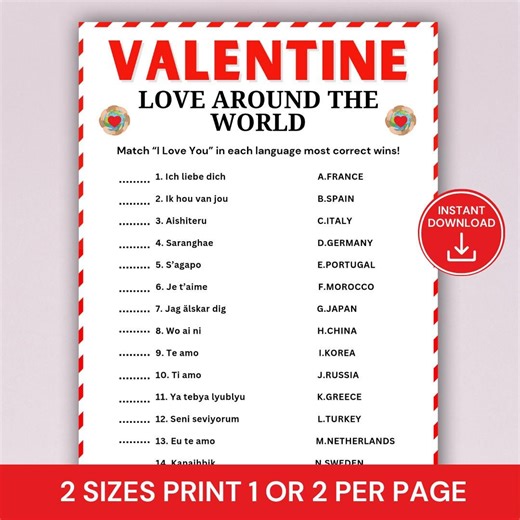 Valentine Love Around the World Game, Printable Valentine Trivia, International Love Quiz, Couples & Classroom Activity,valentine Party Game - Etsy