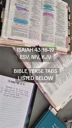 Isaiah 43:18-19 ESV, NIV, KJV comparison Bible Verse Tabs ESV Journaling Study Bible -Genesis 22:9 -Genesis 22:12 -Genesis 50:20 -Exodus 3:14 -Exodus 8:19 -Exodus 14:14 -Leviticus 19:2 -Joshua 14:8 -Ruth 1:16 -1 Kings 3:9 -Esther 4:16 -Job 1:21 -Psalm 29:4 -Psalm 141:3 -Proverbs 4:23 -Proverbs 24:3 -Isaiah 41:10 -Isaiah 43:18 -Isaiah 54:17 -Isaiah 55:13 -Mathew 3:16 -Mathew 6:6 -Mathew 6:24 -John 3:16 -Romans 5:8 -1 Corinthians 13:7 -Galatians 3:28 -Galatians 5:13 -Ephesians 5:2 -Peter 5:17
