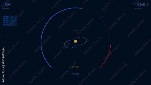 Hud animation for videographer showing sci-fi hud interface elements with speed and gear data displayed for a futuristic vehicle