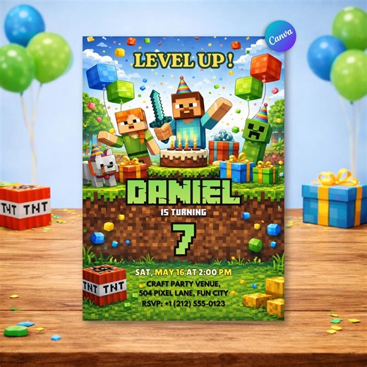 Editable Minecraft Birthday Invitation, Canva Template, Digital Download - Etsy