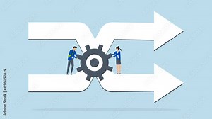 Change management, 4k animation of businessman staff team helps turn gear to control arrows of change of direction.