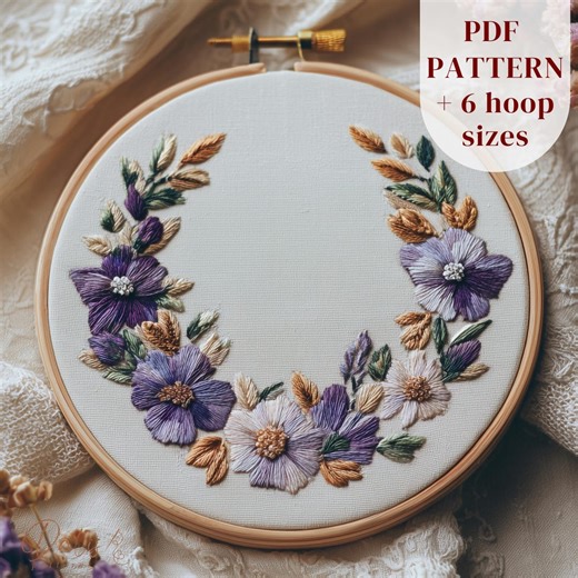 Violet Floral Wreath Embroidery Pattern, February Birth Flower Hoop Art PDF, Beginner Friendly - Etsy