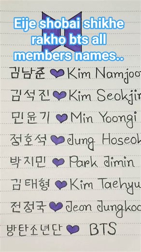 bts all members names english and Korea.