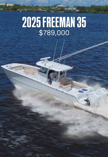 NEW LISTING | 2025 FREEMAN 35 offered by @offthehookyachts for $789,000 | Located in Sarasota, Florida 📍 This 35’ Freeman is powered by twin Mercury 400 V10s with 300 hours and comes loaded with offshore upgrades including dual Simrad MFDs, open-array radar, dual transducers, autopilot, SIONYX night vision, Starlink, Power-Pole trolling motor, Marsh Tacky outriggers, four livewells, a massive JL Audio system, and an AmeraTrail trailer. Finished with a Matterhorn hullside, white powder coating, 