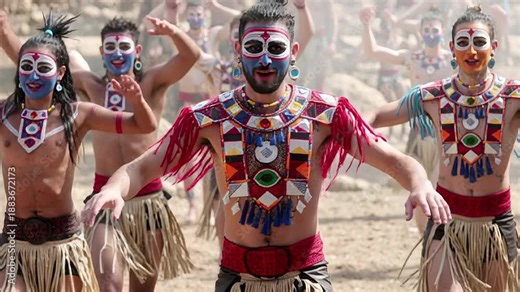 vibrant tribal dancers in colorful costumes performing a dynamic ritual dance | cultural, festival, tradition, performance, spiritual theme