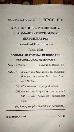BA honours psychology Statistical methods for psychological research paper 1 #youtubeshorts #pyqs