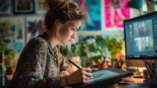 Creative Digital Artist: A focused artist immersed in the world of digital design, utilizing a tablet and stylus to bring her creative vision to life in a modern workspace.
