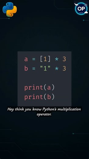 OneMinOps | Python • AI • DSA on Instagram: "Same operator. Different data types. Very different results 👀 Don’t run it. Don’t guess too fast. Comment what this prints 👇 Then explain WHY 🧠 [python, python list, python string, python multiplication, python basics, beginner python, python logic, python pitfalls, learn python] #python #learnpython #programming #pythonreels #oneminops"