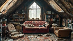 This cluttered attic featuring a worn couch, old books, and dust-covered items in disarray.