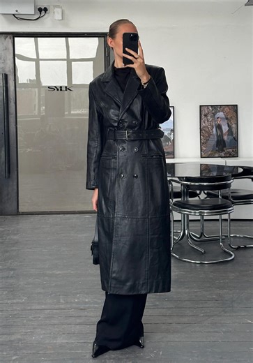 Vintage Women Black Leather Coat | 1960s Double Breasted Coat | Genuine Long Overcoat - Etsy UK