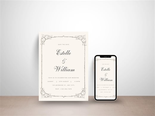 Vintage Wedding Invitation Editable Elegant Floral Theme Canva Template Classic Printable Card Design