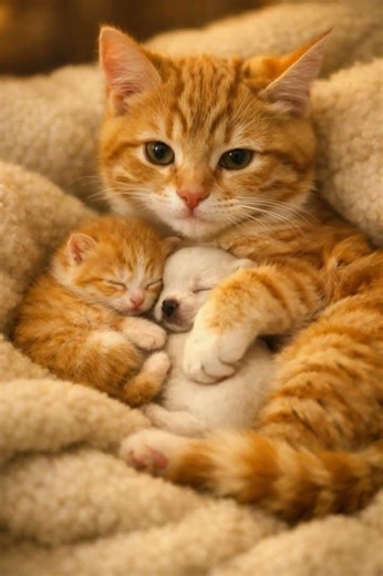Mother Cat Lovingly Cares for Kittens and Adopts a Baby Puppy