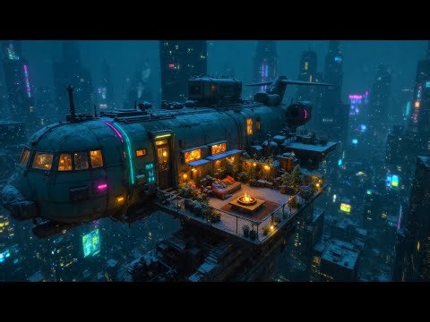 Lofi Ambient – Snowy Balcony on a Converted Airship Home | Cozy Cyberpunk Winter Night