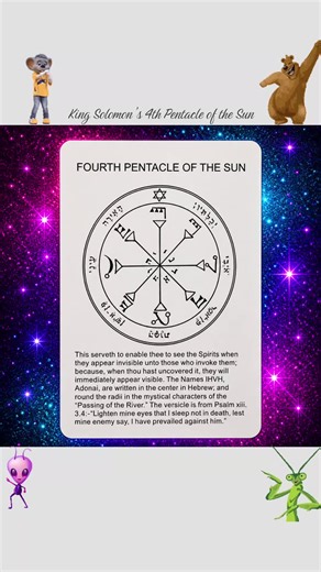 This pentacle is associated with: • The Sun → representing light, truth, clarity, vitality, and divine illumination • Divine names (IHVH / Adonai) → invoking authority and sacred power • Hebrew characters & sigils → symbolic language meant to channel spiritual forces At a symbolic level, it represents: • Revelation — bringing hidden things into visibility • Clarity of perception — both physical and spiritual • Protection through divine light Purpose (as described in the text on the card) The ins
