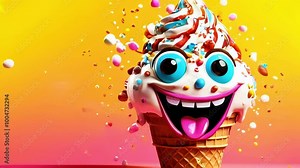A cartoon ice cream cone with a smiling face. Colorful sprinkles and other treats decorate the cone.. AI Generation