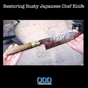 I found this rusty old Japanese kitchen knife while browsing ebay. What a great find for my restoration projects. It has some rust and the handle needs to be replaced. I was a little surprised how much rust there was on the tang. Luckily it still had quite a bit of steel left so I didn't have to weld a new one on. I used copper and walnut for the handle. All the pitting was sanded from the blade and it was polished to super mirror shine. | OddTinkering
