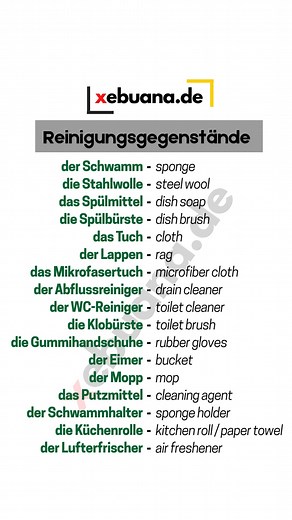 German Words - Cleaning Items (Kitchen & Bathroom) #deutschlernen #learngerman #learngermanonline #deutschkurs #germanlanguage #german #deutsch #germanlearning #studygerman #germancourse #GermanVocabulary #LanguageLearning | Xebuana.de
