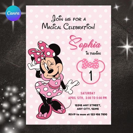 Editable Minnie Mouse Birthday Invitation, Minnie Mouse Birthday, 1st Birthday, Mouse Birthday Invite, Girls Minnie Invitations - Etsy