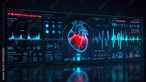 A digital display of a heart. There are readouts of data and graphs on the left and right sides of the heart.