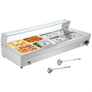 VEVOR 110V Bain Marie Food Warmer 8 Pan x 1/2 GN,Food Grade Stainelss Steel Commercial Food Steam Table 6-Inch Deep, 1500W Electric Countertop Food Warmer 88 Quart with Tempered Glass Shield | VEVOR US