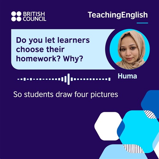 13K views · 100 reactions | Huma describes four homework activities then the students choose which one they want to do. Do you give your students a choice about homework? Find more idea on creating inclusive classrooms through our free online course: https://eu1.hubs.ly/H0gWVMK0 Karen  #TeachingEnglish #Inclusion #ELT | TeachingEnglish - British Council | Facebook