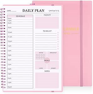 Daily Planner Undated, 7.3" x 10.2" Appointment Planner To Do List Notebook with Hourly Schedules Calendars Meal, Spiral Today Planner Work Organizer for Man and Women, Pink