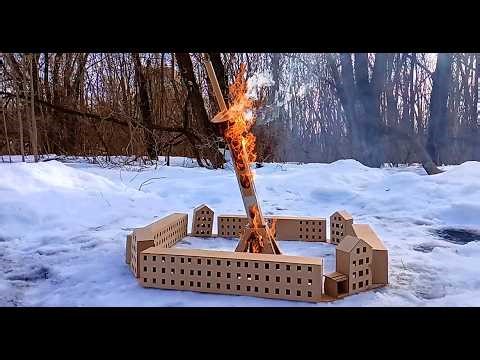 Epic FIRE and COLLAPSE of a Cardboard TV Tower. Cardboard City on fire!