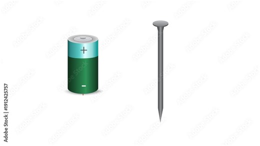 Simple Electromagnet Animation Showing Battery Iron Nail Electric Current Flow and Magnetic Field Creation