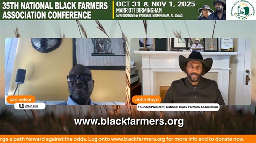 The 35th Annual National Black Farmers Association Conference Oct 31st - Nov 1st at the Marriott Birmingham 5590 Grandview Parkway in Birmingham, Alabama It's FREE and it's open to farmers and EVERYONE else!! Do you know a farmer? Do you own land? Have YOU ever thought of owning land? Interested in supporting local Black farmers in your community? Then you need to be here! Register FREE online https://www.blackfarmers.org/ John Boyd, founder and President of the National Black Farmer's Associati