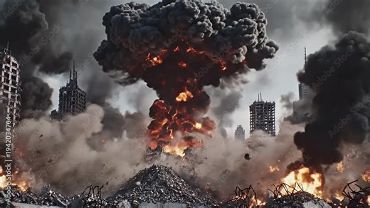 Explosion Aftermath in City Ruins - A mushroom cloud rises over a destroyed city landscape after a massive explosion, with rubble and debris scattered across the scene.