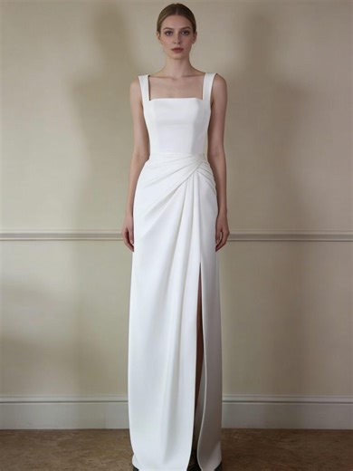 Modern Minimalist Satin Sheath Wedding Dress With Square Neck and Side Slit - Etsy