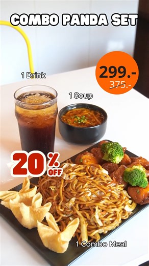 คุ้มกว่านี้ไม่มีอีกแล้ว! จัดเต็มกับ Combo Panda Set ลดทันที 20% 🔥 อิ่มครบจบในเซ็ตเดียวกับเมนูยอดฮิตจาก Lucky Panda ไม่ว่าจะเป็นอาหารจานหลัก เครื่องดื่ม และซุปร้อนๆ ที่พร้อมเสิร์ฟความอร่อยให้คุณถึงที่ ในเซ็ตประกอบด้วย: 🥡 1 Combo Meal 🍲 1 Soup 🥤 1 Drink ราคาพิเศษเพียง 299.- (จากปกติ 375.-) 💥 ลดเน้นๆ 20% OFF! อย่ารอช้า สั่งมาฟินกันได้เลยวันนี้! . The Ultimate Deal! Grab the Combo Panda Set with 20% OFF! 🔥 Satisfy your cravings with our all-in-one Combo Panda Set from Lucky Panda! Perfectly cu