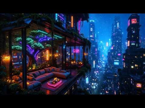 Lofi Ambient – Cozy Futuristic Balcony Rain with Glowing Tree | Deep Focus and Relaxation | 4K