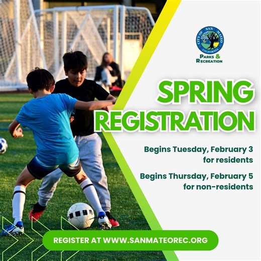 Mark your calendars for Spring 2026 registration--happening next week! Hop into new arts & crafts, cooking, and exercise classes☀️. 🗓️ Registration starts Tuesday, February 3, 2026, at 9am for City of San Mateo residents and Thursday, February 5, 2026, at 9am for non-residents. 🌐 View the full activity guide by visiting www.cityofsanmateo.org/1430/Activity-Guide #smparksandrec #cityofsanmateo #sanmateoca #spring #register #registration #programs #classes #activities #kidsactivities | City of S