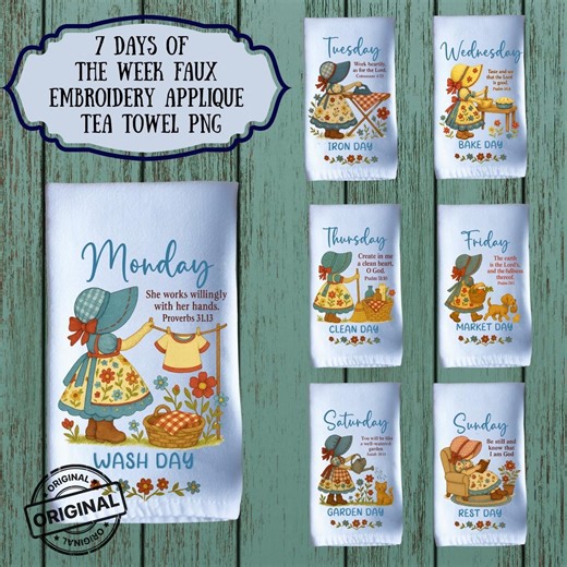 Dish Towel Design |faux Embroidery Applique PNG | Days of Week | Christian Vintage Farmhouse | - Etsy