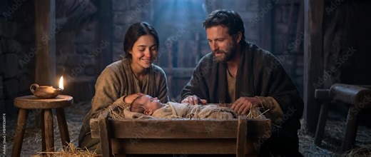 Nativity scene with Mary, Joseph, and baby Jesus in a humble stable. Biblical Christmas story