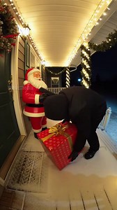 134K views · 2.2K reactions | A porch pirate tries to steal a package from a snowy front porch decorated for Christmas. An automated Santa Claus statue detects the thief and unleashes a barrage of paintballs, splattering the pirate with red paint and making them flee. | Extra Give Back | Facebook