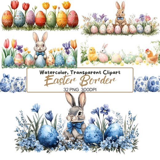 Spring Floral Bunny Chicken Borders With Transparent Background for Cards, Invitations Crafts, Easter Clipart