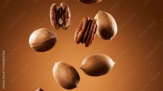 Whole and halved pecan kernels falling in slow motion against a warm copper background.