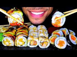 ASMR EATING SUSHI ROLLS CHALLENGE BIG BITES MUKBANG PLATTER NO TALKING JERRY