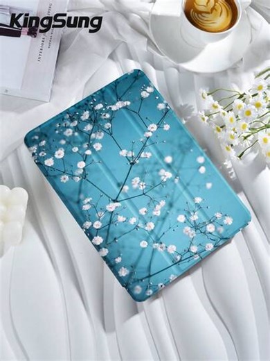Kingsung Flower Plum Blossom Pattern Tablet Protective Case. Compatible With IPad 9.7/10.2/10.5/10.9/12.9/Pro 11, 10th Generation, Air 8 (M4) 2026 (11 Inches), Air 6 (M4) 2036 (13 Inches), Compatible With Samsung Galaxy Tab S6 Lite 10.4-Inch, Compatible With Kindle Paperwhite 12th Gen 2024.Kindle 11th Gen 2022. Clara Color, Soft Fall Protection, Intelligent Bracket/Automatic Wake-Up/Sleep | SHEIN