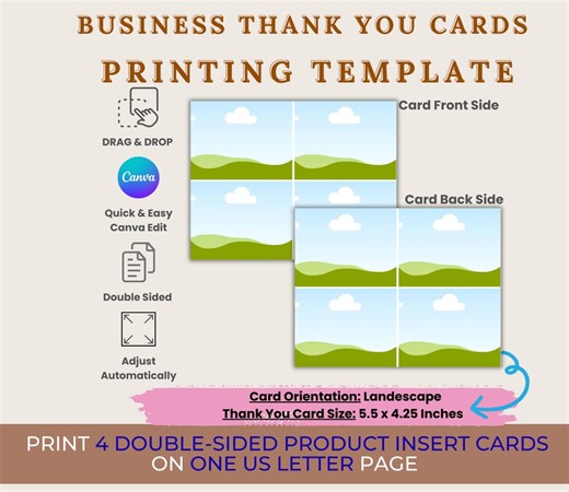 Thank You Card Printing Template | Printable Double Sided Card Canva Templates | 5.5 X 4.25 Product Insert Card Template | Drag & Drop Frame - Etsy