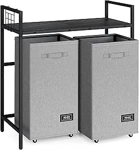 SOLEDI Double Laundry Hamper with Shelf, Rolling Laundry Basket with Wheels, Metal Frame Laundry Sorter Organizer, 120L Large Clothes Hamper for Laundry Room Bathroom Grey