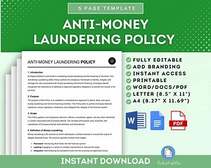Anti-money Laundering Policy Template, AML Compliance Policy, Company Anti-money Laundering Guidelines, AML Procedures and Measures Template - Etsy