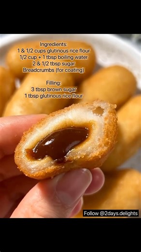 Crispy. Chewy. Sweet. Glutinous rice balls, deep-fried to golden perfection. Ingredients: - 200g glutinous rice flour - 125g boiling water - 30g sugar - Breadcrumbs (for coating) Filling: - 40g brown sugar - 10g glutinous rice flour - 5g white sesame (optional) Steps: 1. Mix the filling ingredients and set aside. 2. Dissolve sugar in boiling water, pour into the rice flour, and knead into a dough. 3. Cook 4 small dough pieces in boiling water for 5 minutes, then mix them back into the main dough