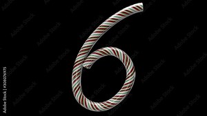 Animated Christmas candy cane typeface with separate alpha channel the character 6